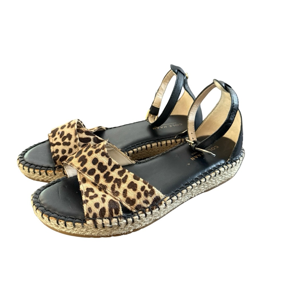 Cole Haan Espadrille Sandals Women 6 Black Leopard Calf Hair Pinch Maine Classic